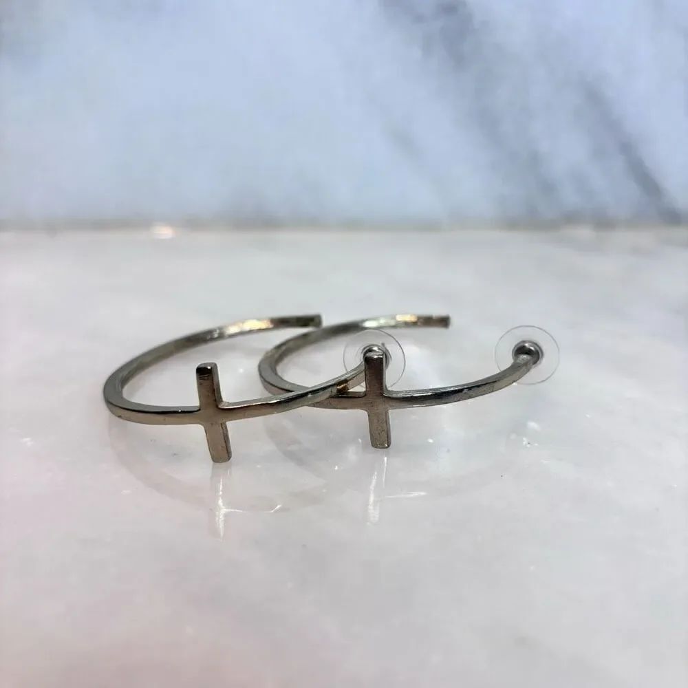 Silver-tone C-Shaped Cross Pierced Post Back Hoop Earrings OS